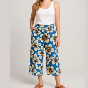 Zilch Floral Blue Wide Leg Summer Beach Capri Pants Sz S